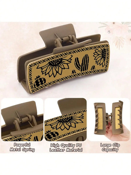 Western Leather Hair Claw Clips Sunflower Floral Square Claw Clips for Hairstyling Southwest Cow Print Cowhide Hair Accessories