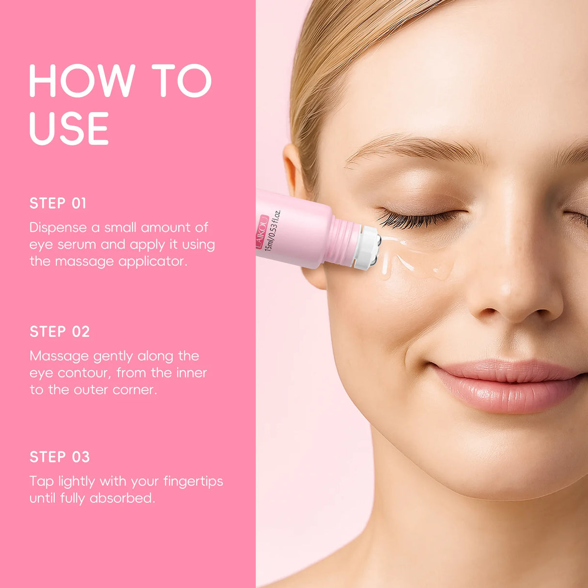 LAIKOU Sakura Roller Eye Serum 15ml Moisturizing Eye Care Reduce Dark Circles Puffiness Fine Lines Anti Aging Brightening Eye