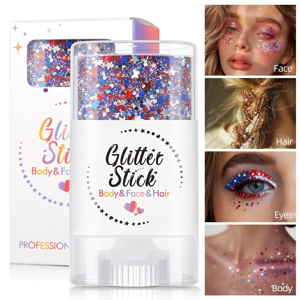 Patriotic Glitter Body Paint Stick with Makeup Remover Cloth, Red White Blue Face Paint for 4th of July, Sports Games