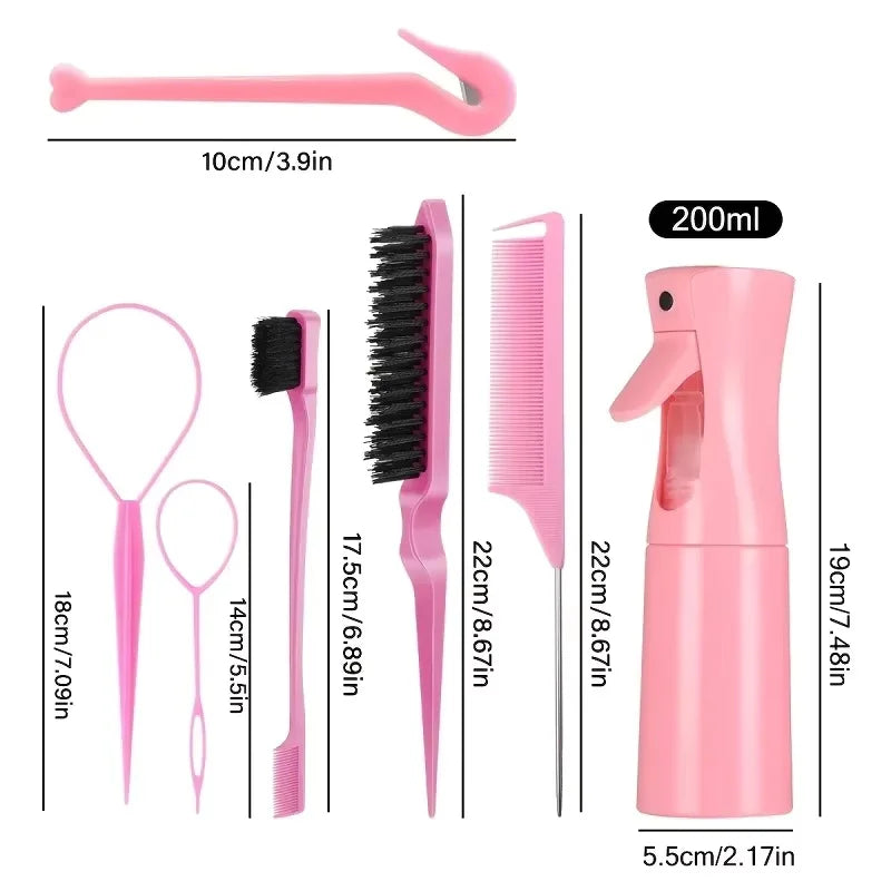 7pcs Hairdressing Tool Set Bristle Rat Tail Edge Comb Eyebrow Brush with Braiders Ponytail Creator Water Sprayer Styling Set