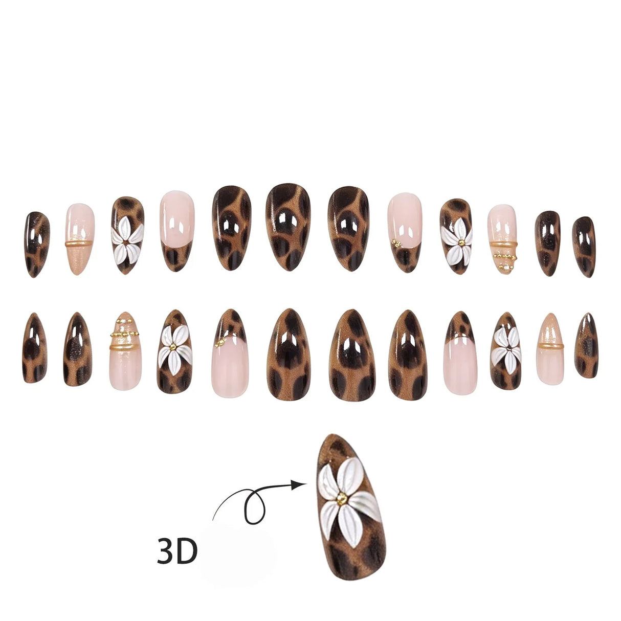 24pcs Leopard Print Press On Nails 3D White Flower Gold Metal Beads Charms Fake Nail Y2K Short Almond Fasle Nail for Women