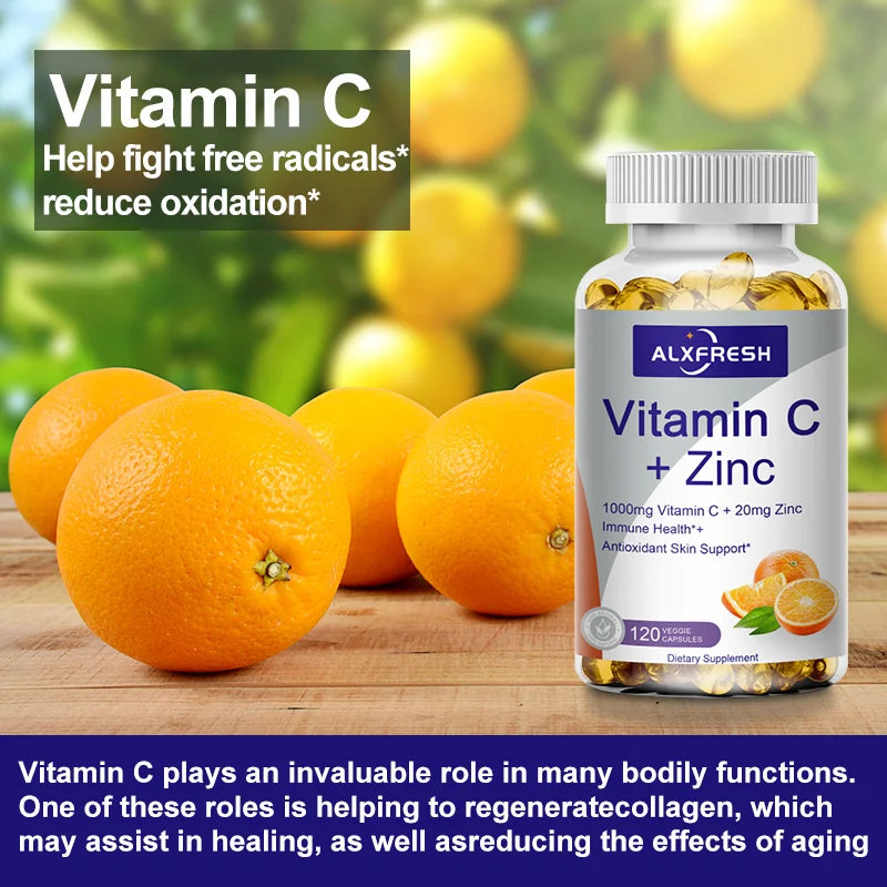Alxfresh Vitamin C 1000mg with Zinc 20mg | Vitamin Dietery Supplement | Non-GMO & Gluten Free Vegan | for Immune Support Caps