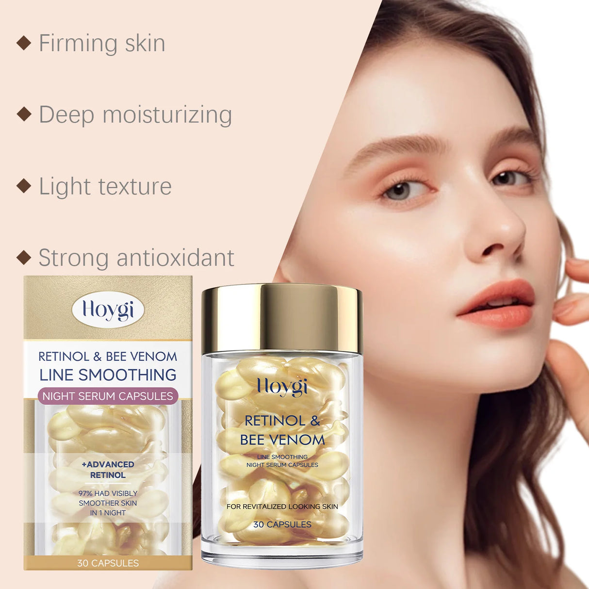 Retinol Bee Venom Facial Capsules Anti-Wrinkle Firming Smoothing Moisturizing Facial Skin Anti-Aging Night Serum for Face & Neck