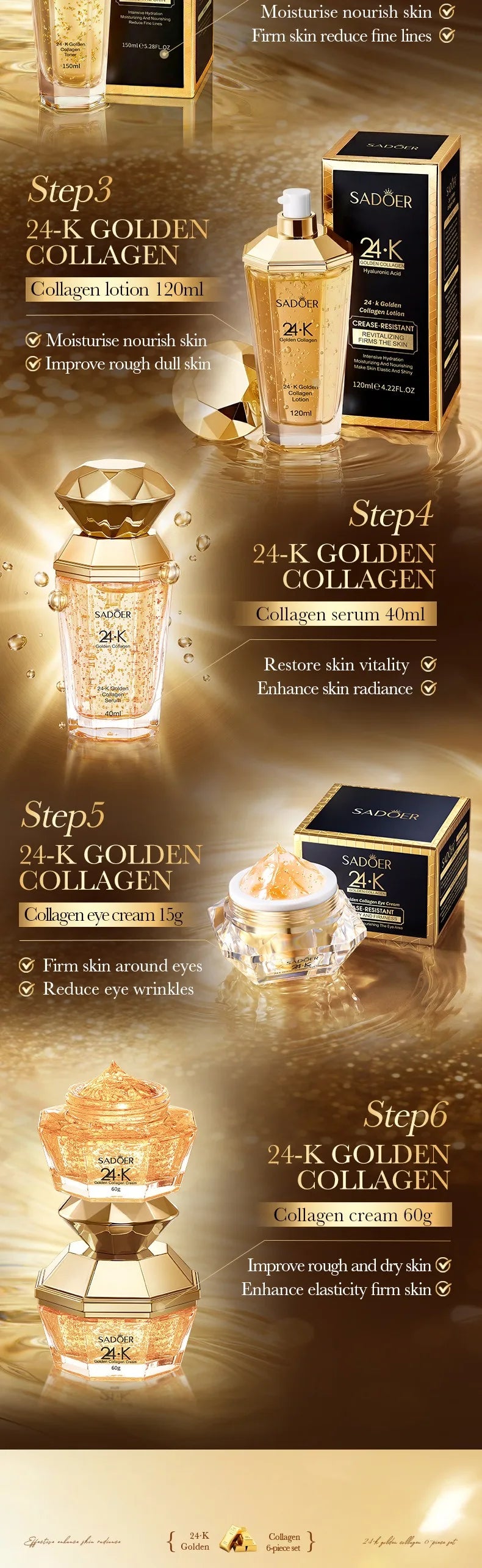24K Gold Collagen Protein Skincare Set - Firming, Lifting Hydrating Face Kit for All Skin Types Skin Care