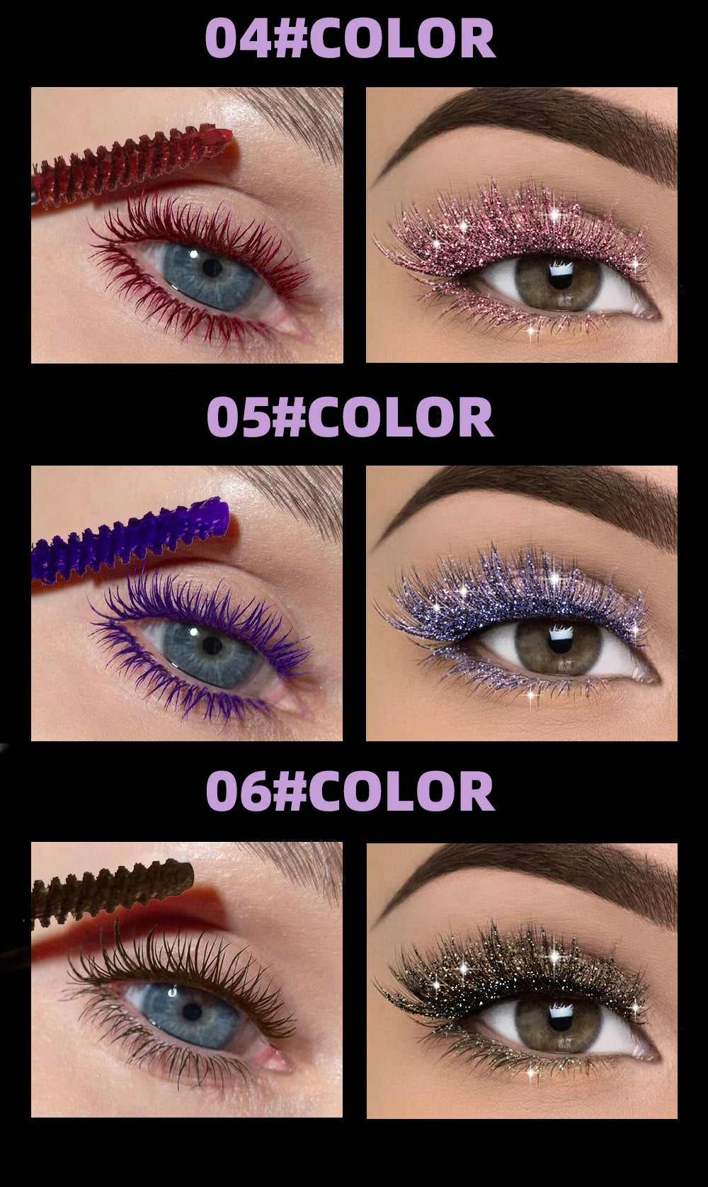 QIBEST Double Headed Diamond Glitter Mascara Long Lasting Colored Mascara Eyelashes Pink Blue Red Voluminous Waterproof Mascara