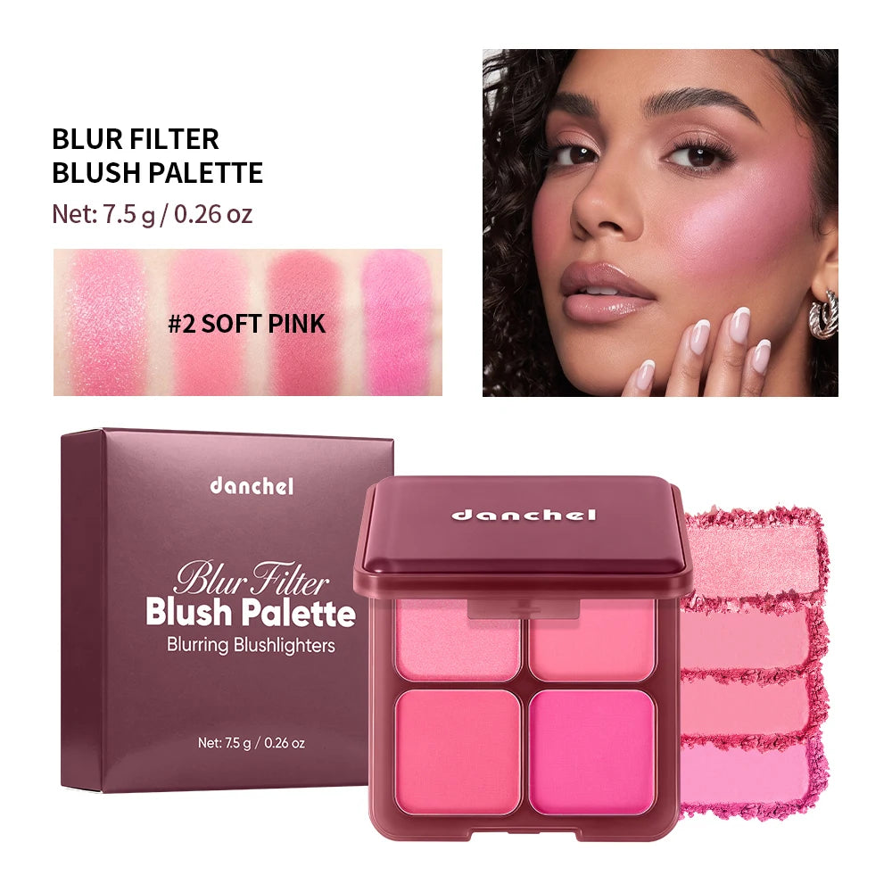 4 Shades Blush Palette Matte & Shimmer Two Textures Rich Pigment Long-wear Soft Blur Finishing Compact Blush Daily Cheek Makeup