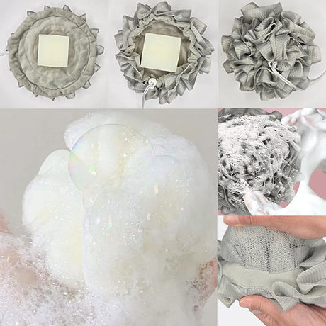 2-In-1 Bath Ball Towel Loofah With Drawstring Closure For Soap Soft Exfoliating Mesh Shower Sponge Skin Care Bathing Tool