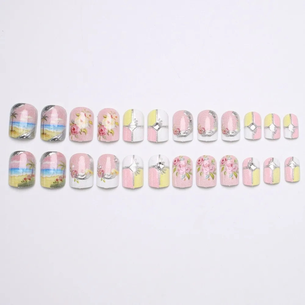 24PCS Juicy Red Cherry Hand Painted Press on Nails Vivid French Border Jelly Clear Almond Shape Fake Nails Summer Vibe