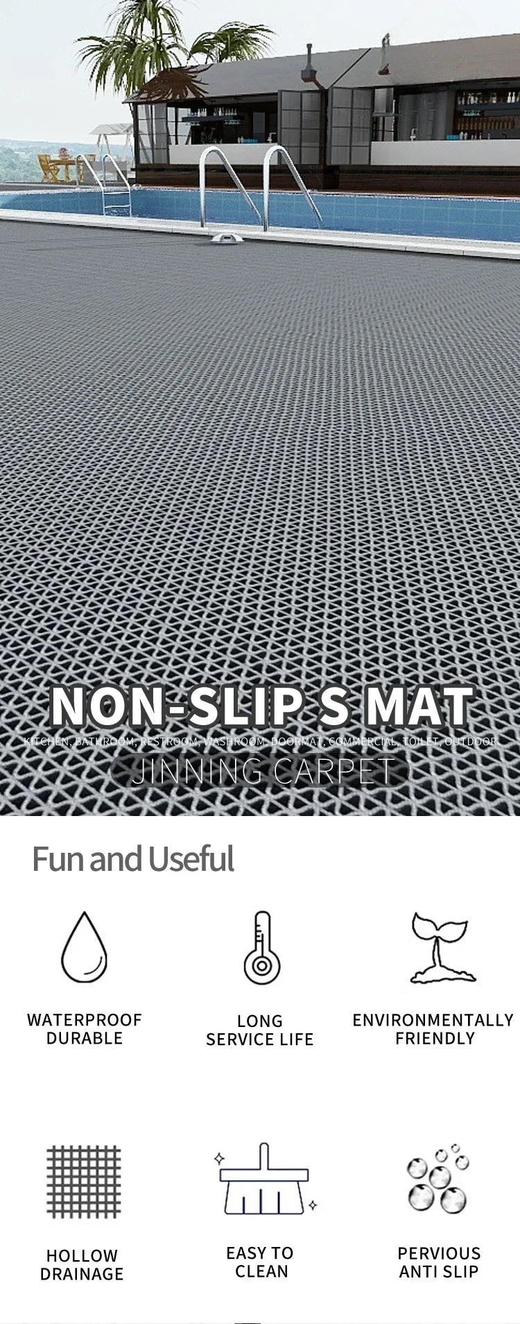Waterproof Non Slip Floor Mats Plastic PVC Kitchen Bathroom Outdoor Pool Dirt Resistant Foot Mats Carpet For Home