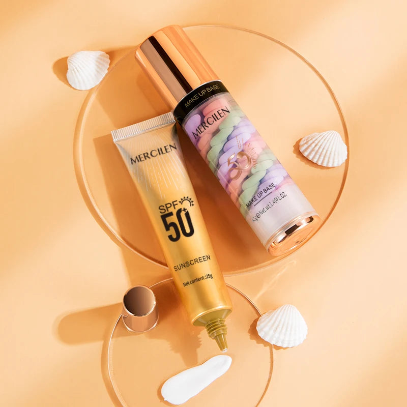 Mercilen Three-Color Isolation Makeup Primer Set, Containing Hyaluronic Acid, Plant Squalane, and Pearl Extract for Oil Control and Moisturizing, Minimizing Visible Pores, Long-Lasting Hydration and Radiance, and Long-Lasting