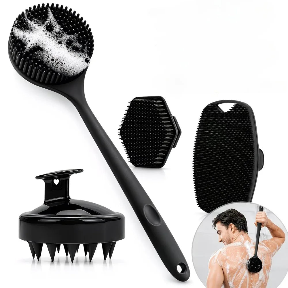 7/4/3Pcs Shower Body Care Set Long Handle Silicone Back Brush Hair Scalp Massager Exfoliate Face Roller Gua Sha Massage Tools