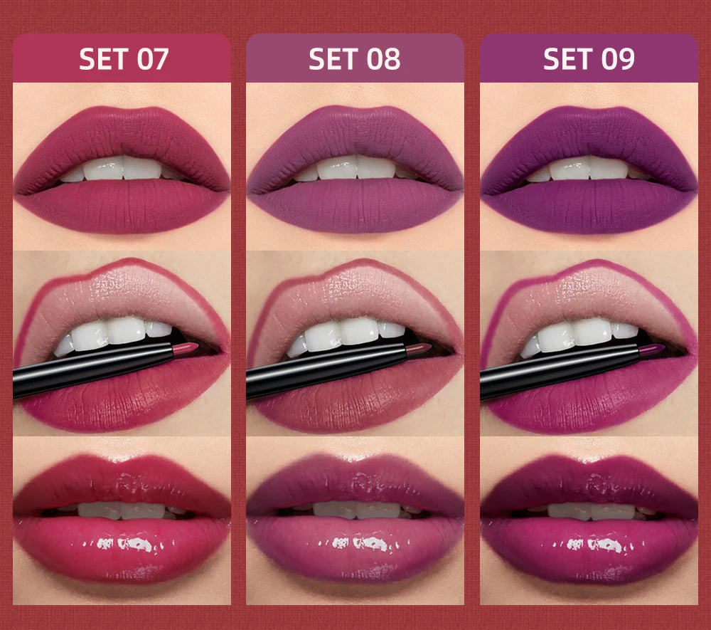 QIBEST 3pcs/set Liquid Lipstick+Lip Liner Lasting Black Brown Purple Red Matte Lip Gloss Nude Lip Stain Tint Makeup Lip Pencil