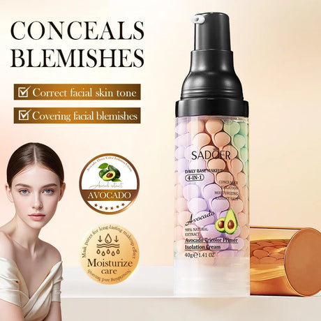 SADOER Avocado Tricolor Primer Isolation Cream SPF 50+ PA+++ 4-In-1 Daily Base Makeup Color Correcting Facial Serum Oil Control