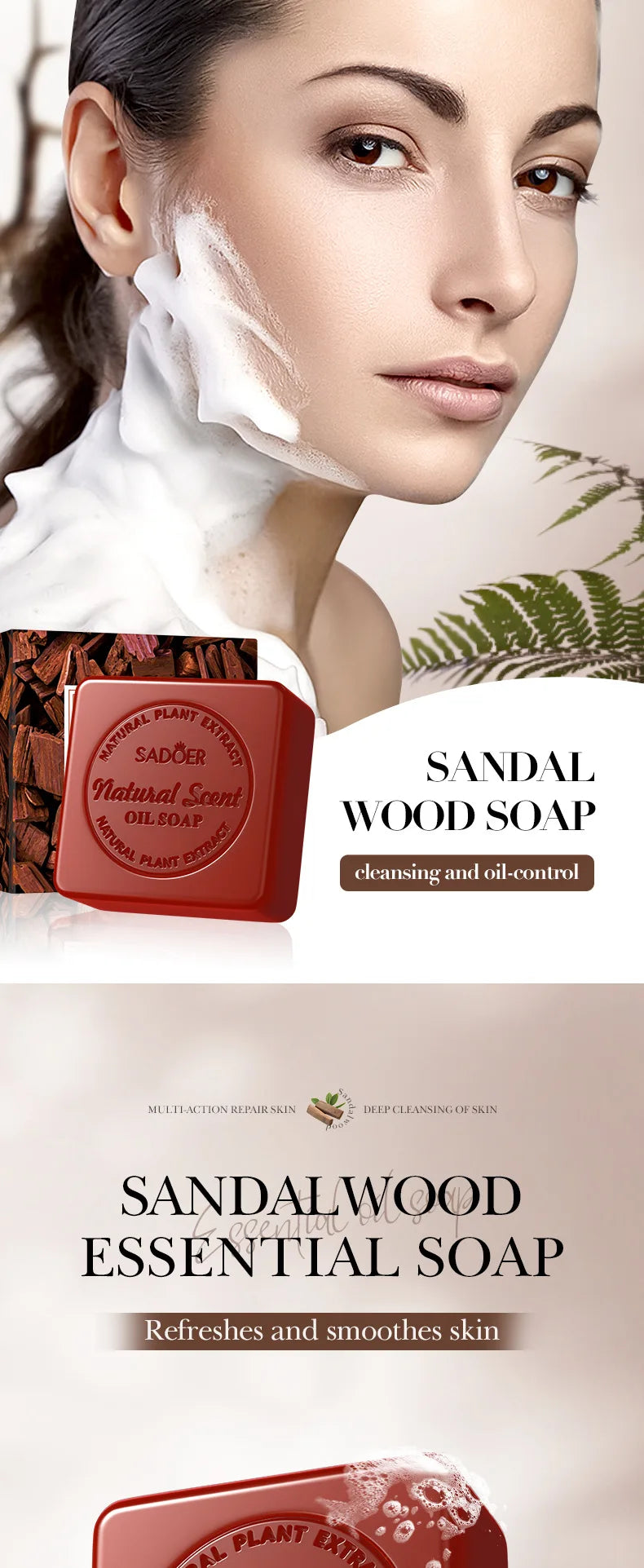 Sandalwood Handmade Soap for Women Deep Cleansing Body Whitening Essential Oil Shaving Soap Skin Lightening Foam Cleaner