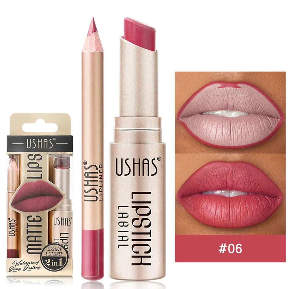 2-in-1 Lip Makeup Set, Matte Lipstick & Lip Liner Pencil, Nude Brown, Waterproof Long Lasting Tinted Lip Balm Contour Kit