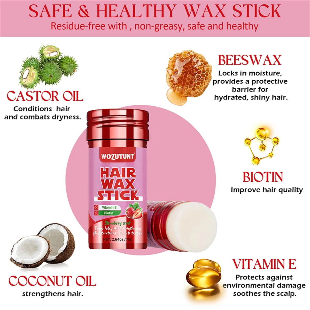 WOZUTUNT 75g Wax Stick with Styling Comb for Natural Hair and Wig Long-Lasting Hold Solid Wax Cream Multi-Functional Hair Pomade