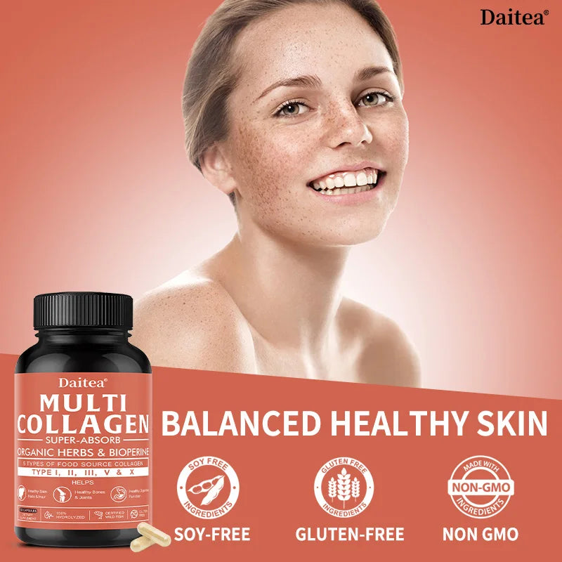 Multi Collagen for Women & Men - Type I, II, III, V, X, Hydrolyzed Collagen Peptides Supports Hair, Skin, Joint Health