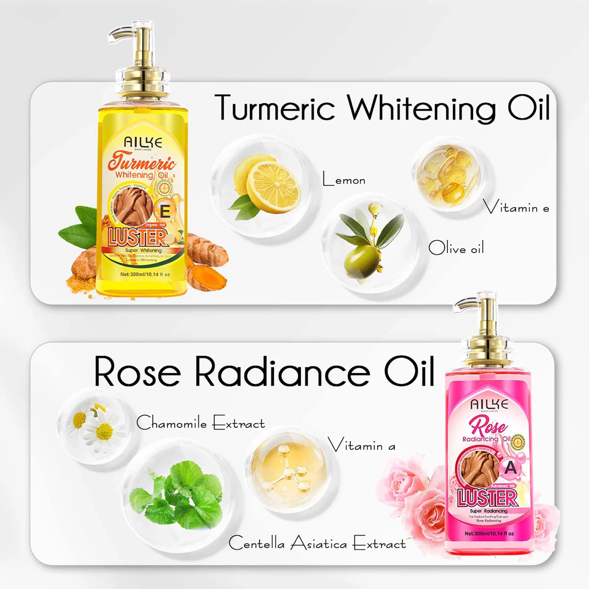 AILKE Whitening Body Oil, Moisturizing, Nourishing, Glowing, Brighten, Smooth Skin, Reduce Dark Spots, For All Skin Types, 300ml