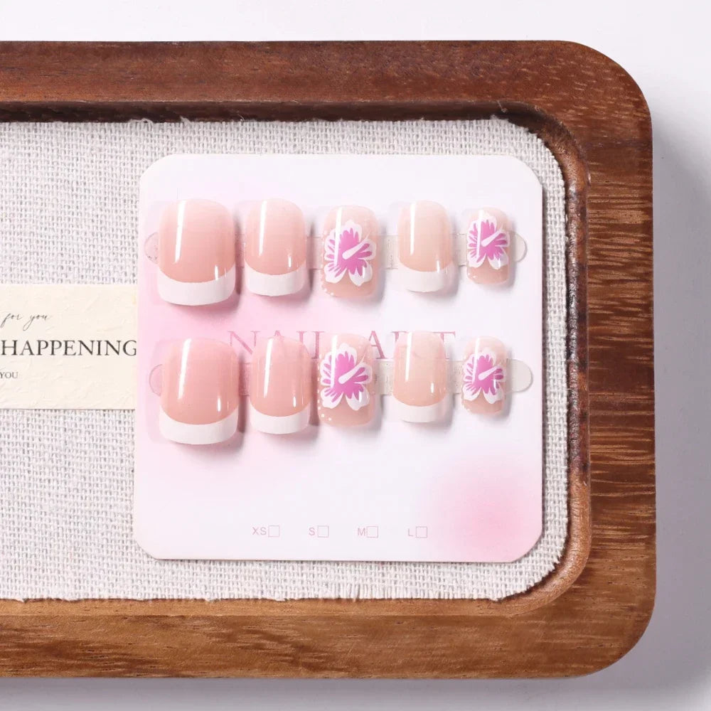 24Pcs Short Square Pink Floral French Press On Nails Clear Base Hand Drawn Flower Reusable With Adhesive Glue For Women Daily Party DIY Spring Summer Manicure Supply