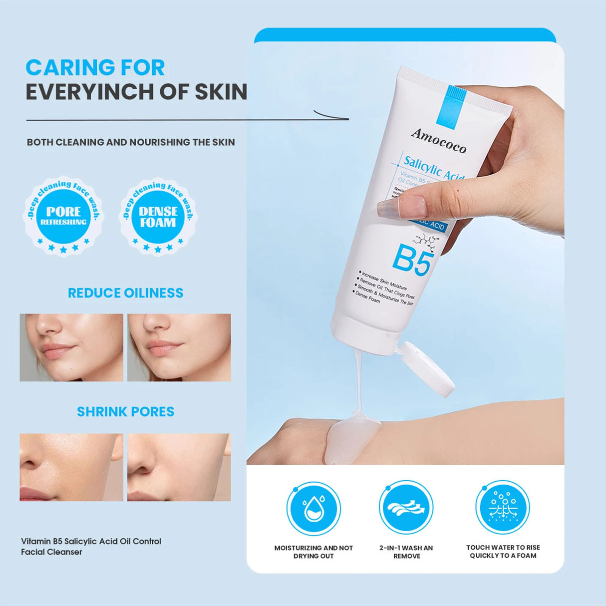 Amococo 2Pcs B5 Salicylic Acid Face Wash 100ml Oil Control Cleanser Deep Pore Foaming Wash for Oily Acne Prone Skin