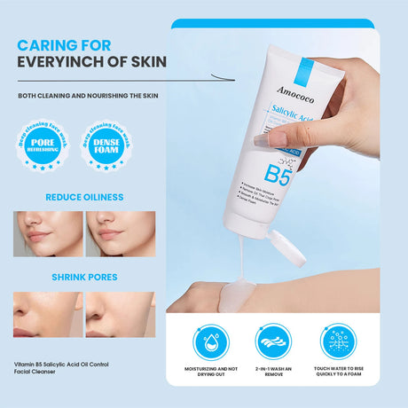Amococo 2Pcs B5 Salicylic Acid Face Wash 100ml Oil Control Cleanser Deep Pore Foaming Wash for Oily Acne Prone Skin