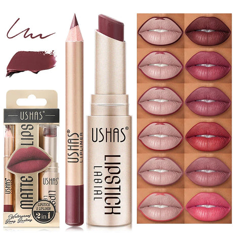 2-in-1 Lip Makeup Set, Matte Lipstick & Lip Liner Pencil, Nude Brown, Waterproof Long Lasting Tinted Lip Balm Contour Kit