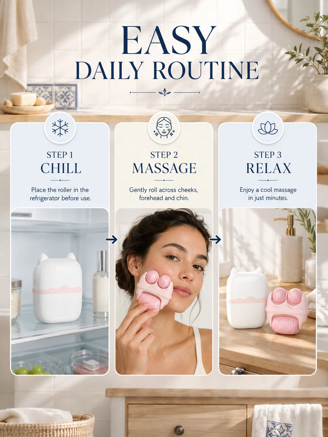 3 Roller Ice Face Roller Cooling Facial Massager with Cat Ear Storage Case Reduce Puffiness Jawline Neck Eye Skincare Massage To