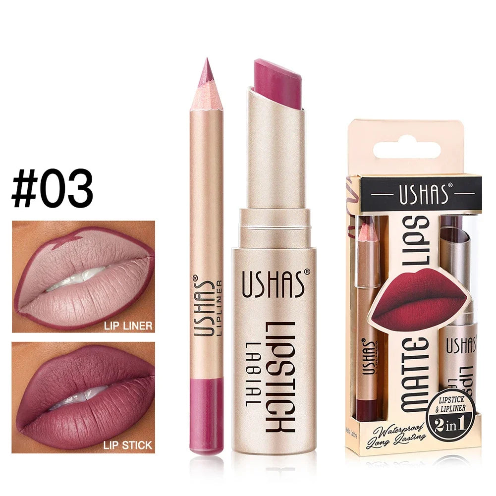 2-in-1 Lip Makeup Set, Matte Lipstick & Lip Liner Pencil, Nude Brown, Waterproof Long Lasting Tinted Lip Balm Contour Kit