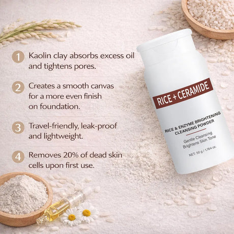 Rice Enzyme Brightening Cleansing Powder, Exfoliating Powder to Foam Cleanser, Smooth Texture,Hydrating & Gentle Skin Care 50g