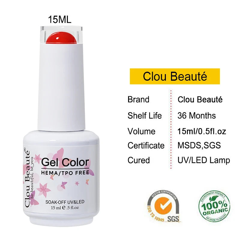Clou Beaute Gel Color Hema TPO Free 15ml Gel Nail Varnish Soak Off UV Gel Polish Nail Art Manicure Lacquer Nail Art Jelly Gel