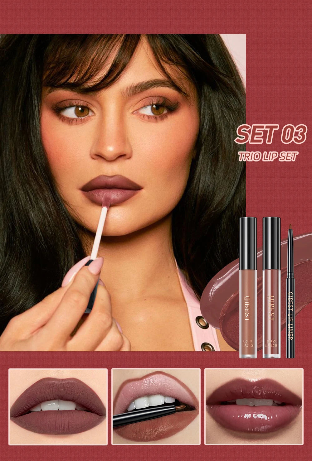 QIBEST 3pcs/set Liquid Lipstick+Lip Liner Lasting Black Brown Purple Red Matte Lip Gloss Nude Lip Stain Tint Makeup Lip Pencil