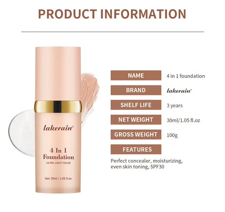SPF30+Color Changing Foundation 4 in 1 Sun Liquid Moisture Waterproof Nourishes Coverage for All Skin Types Free Puff