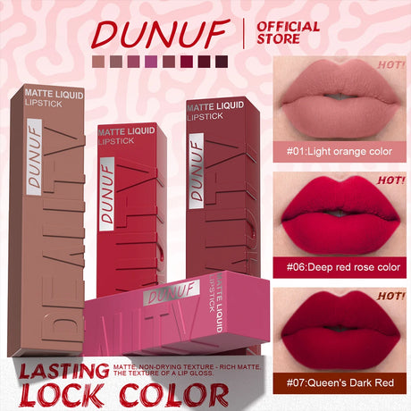 DUNUF Matte Velvet Lip Gloss, 3D Plumping & Waterproof, Square Tube Lipstick, Easy Application, 8 Shades (All-in-One)