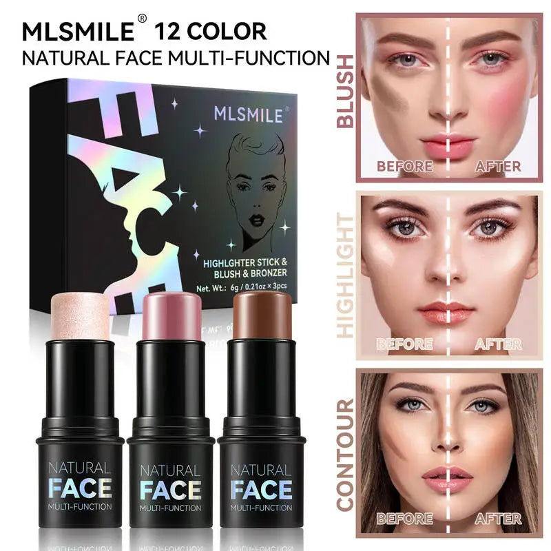 MLSMILE Highlight Contour 3-pack For 3D Makeup Brightening Skin Tone Face Blush Stick 3 Pcs Set 2025 New