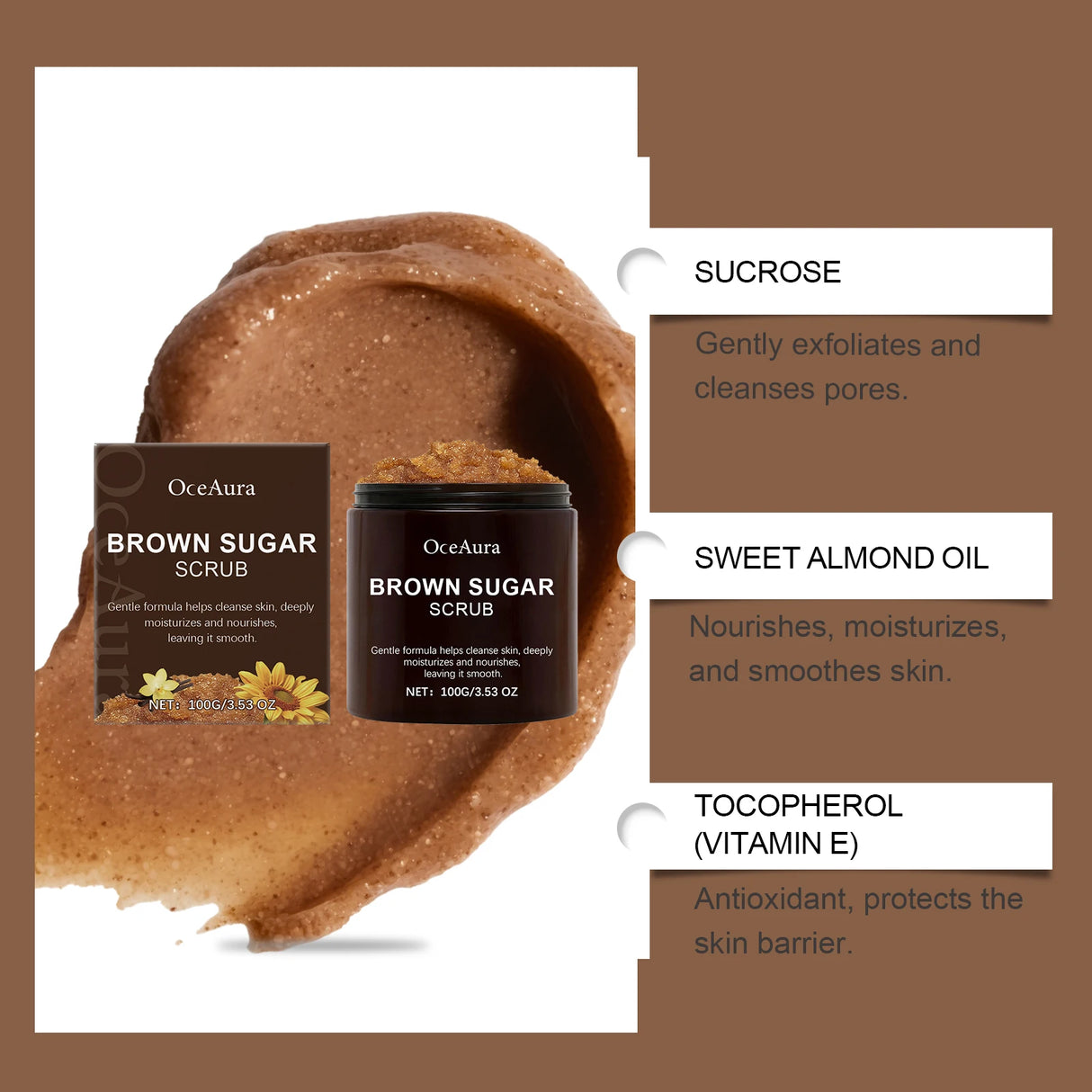 OceAura 100g Natural Brown Sugar Scrub 100g Exfoliating Body Nourishing Deep Clean Pore Shrinking Skin Refreshing