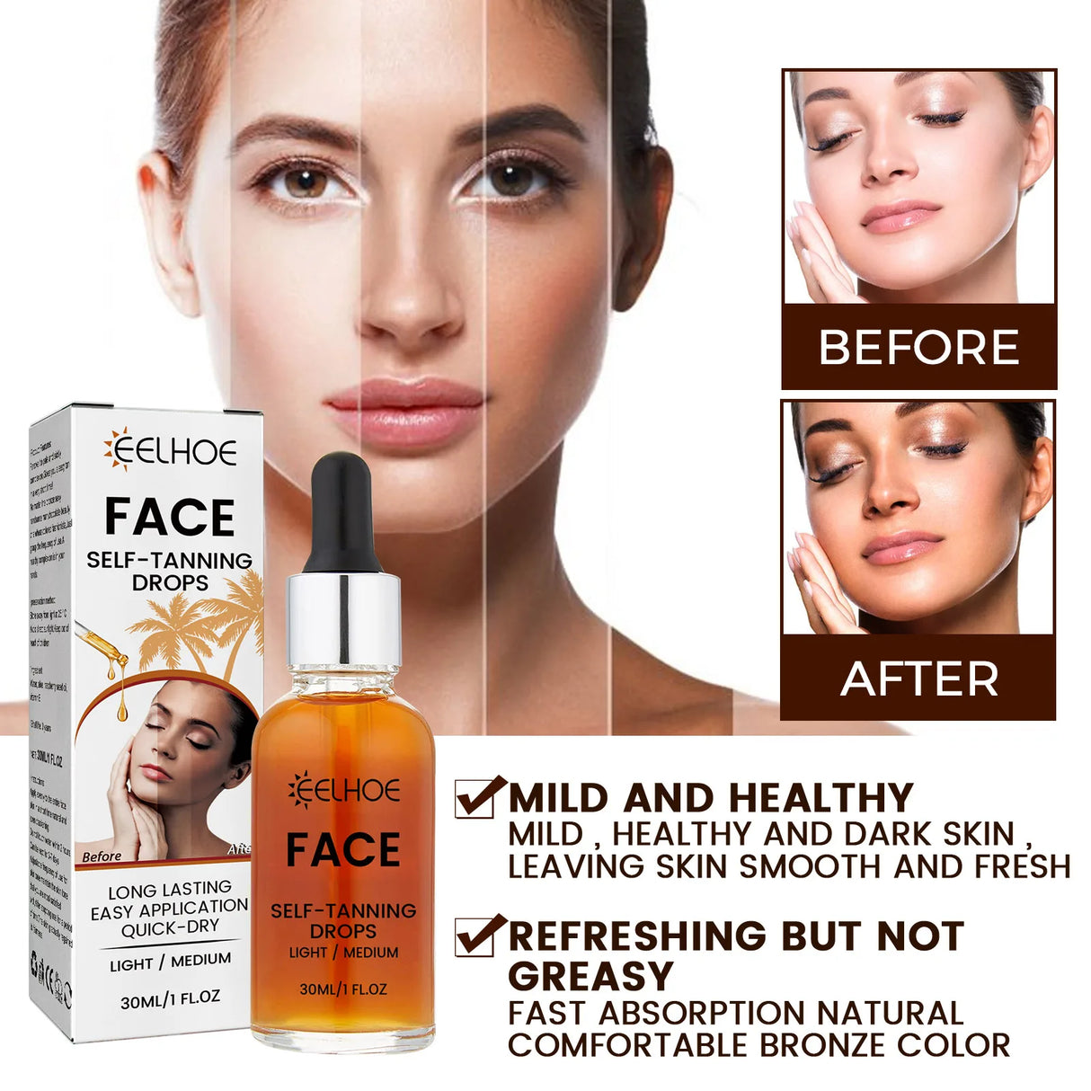 EELHOE Self Tanning Drops Sunless Skin Tanning Oil Liquid Dark Self Tanner Water Serum for Face Body Fake Indoor Tan Lotion 30ml