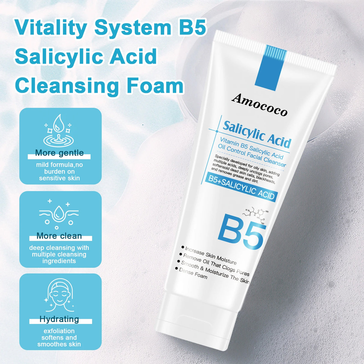 Amococo 2Pcs B5 Salicylic Acid Face Wash 100ml Oil Control Cleanser Deep Pore Foaming Wash for Oily Acne Prone Skin
