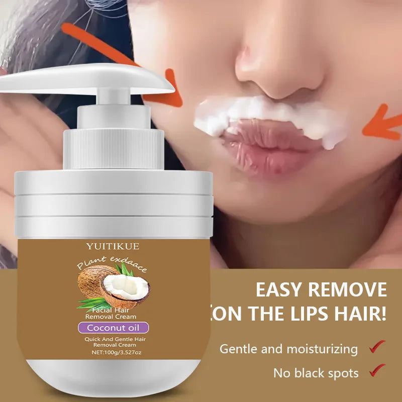 Facial Hair Removal Cream 100g - Quick & Gentle with Coconut Oil, for Lip Hair, Smooth Non-Sticky, Leaves No Black Spots