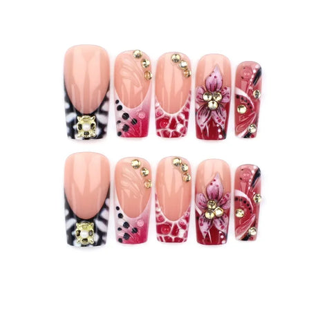 24Pcs Long Square Press on Nails Leopard Print French 3D Cherry Design False Nail Rhinestone Wearable Full Cover Fake Nails Tips