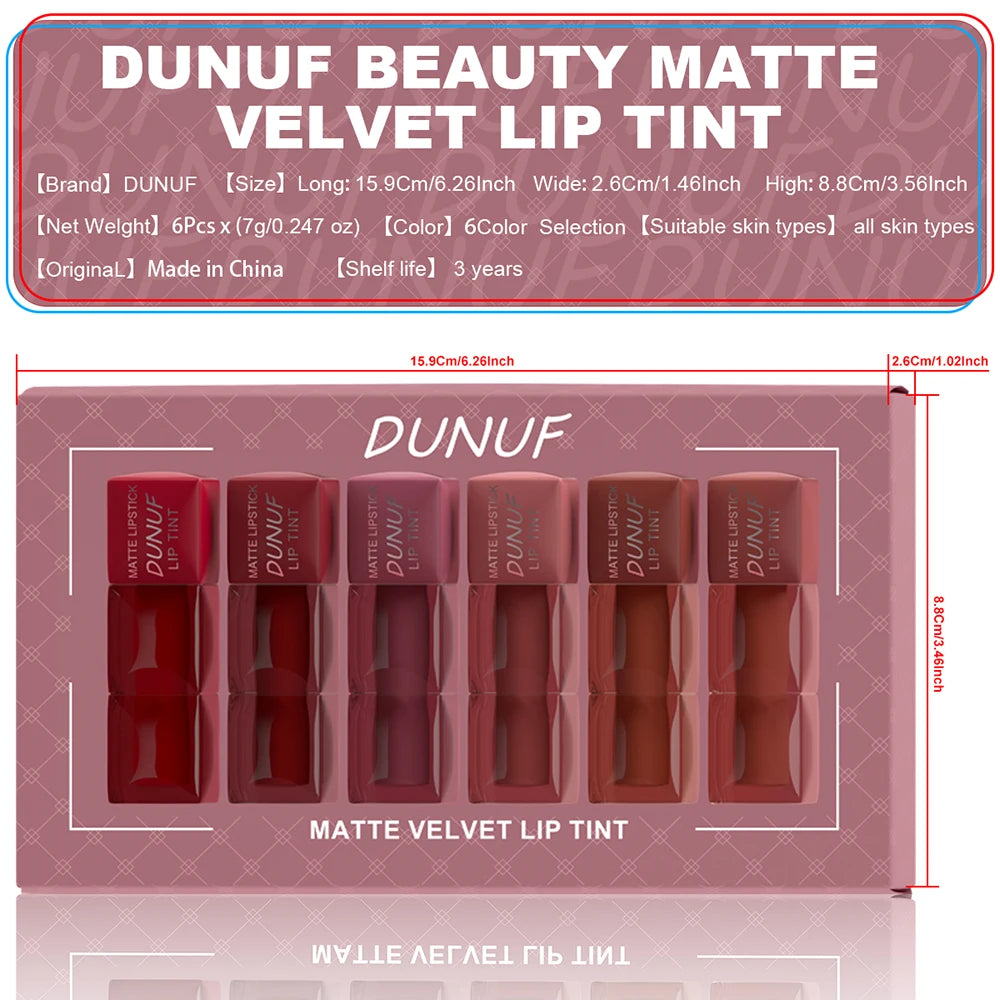6pc/set Velvet Matte Lipstick Long-lasting Waterproof Lip Gloss Lip Glaze Non-Stick Cup Nude Red High Pigment Y2K Christmas Gift