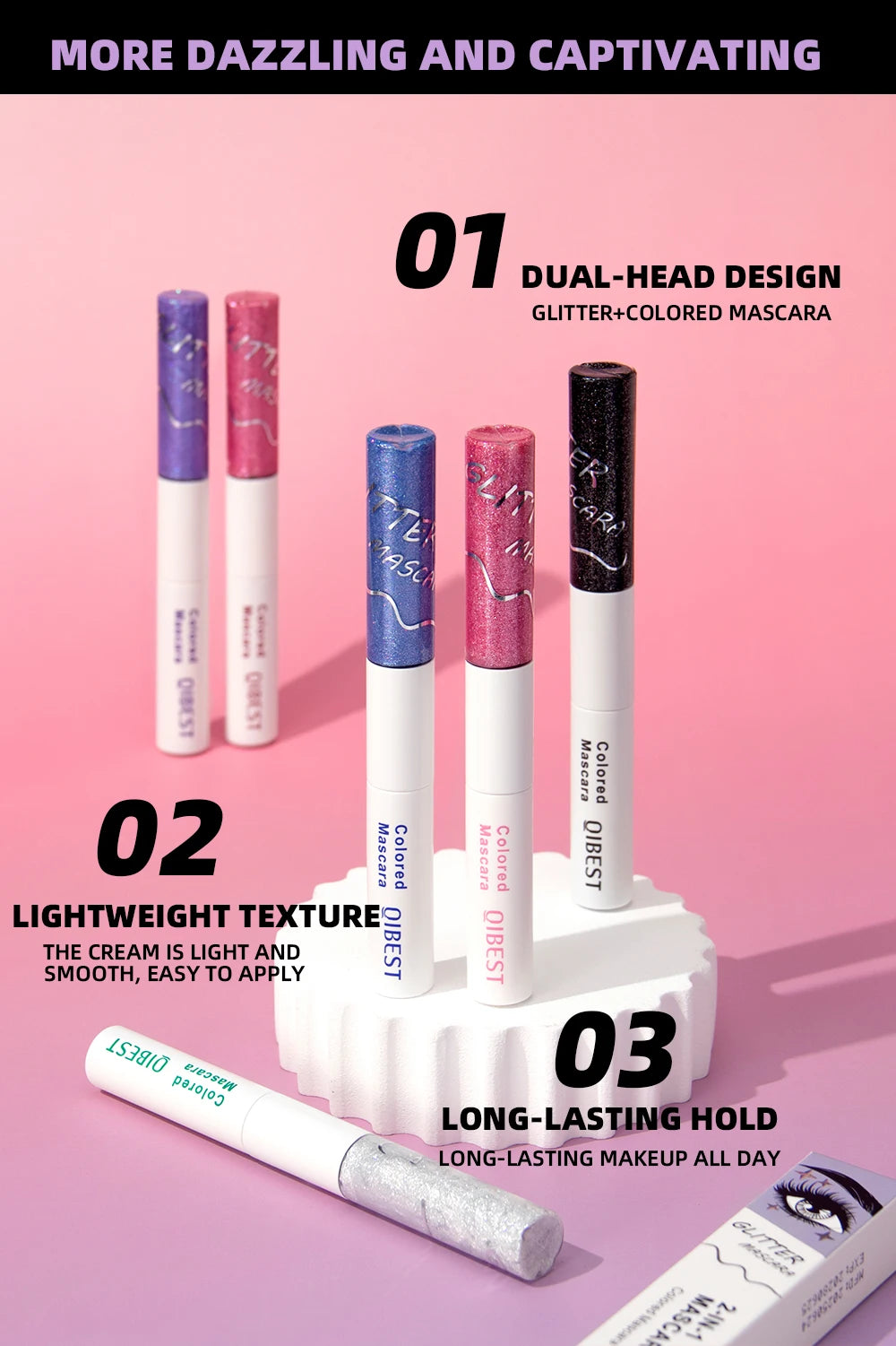 QIBEST Double Headed Diamond Glitter Mascara Long Lasting Colored Mascara Eyelashes Pink Blue Red Voluminous Waterproof Mascara