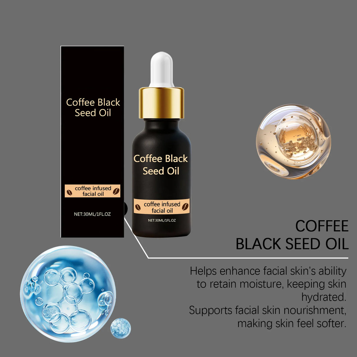 Black Seed Oil Face Serum Moisturizing & Brightening Serum with Coffee Extract Nourishes Softens Skin Daily Glowing Skin Care