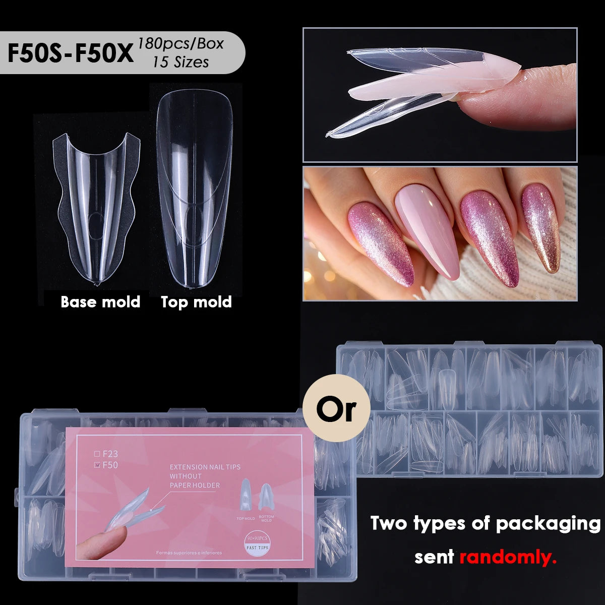 180pcs New Sandwich Nail Extension Mold Interlayer Dual Nail Forms Easy To Shape Oval/Coffin Mixed 15 Size Prolong Tool Manicure