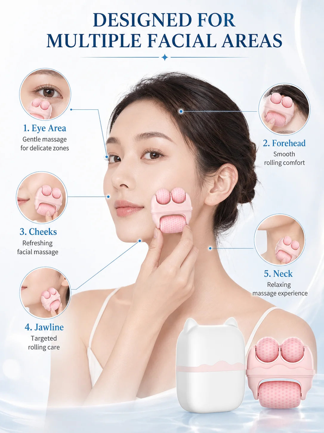 3 Roller Ice Face Roller Cooling Facial Massager with Cat Ear Storage Case Reduce Puffiness Jawline Neck Eye Skincare Massage To