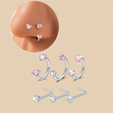 6/2pcs Horseshoe Nose Rings With L-Shape Nose Stud, Stainless Steel Rianbow CZ Nose Ring,, Lip Eyebrow Helix Ear Piercing