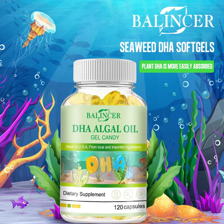 Algal Oil Omega 3 Softgels with DHA & EPA, Daily Nutritional Supplement, Supports Brain Cognitive Eye Heart & Skin Hair Wellness