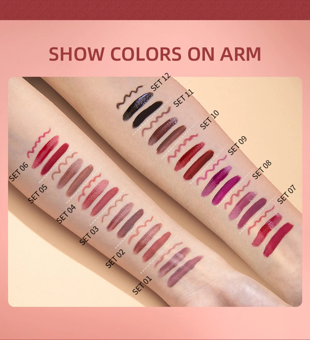 QIBEST 3pcs/set Liquid Lipstick+Lip Liner Lasting Black Brown Purple Red Matte Lip Gloss Nude Lip Stain Tint Makeup Lip Pencil