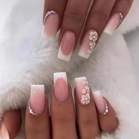 24 PCs Short French Simple Flower Pile Drill Nails with 1 Jelly Glue and 1 Nail File
