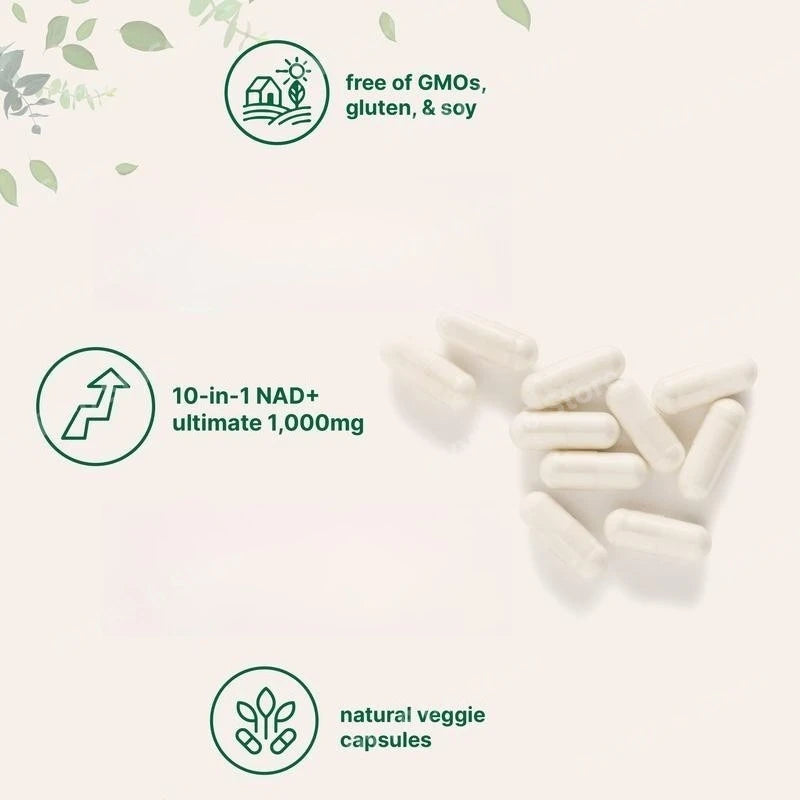 NAD+ Supplement with Glutathione Resveratrol Astaxanthin 10-in-1 Formula 60 Capsules for Men and Women Daily Wellness