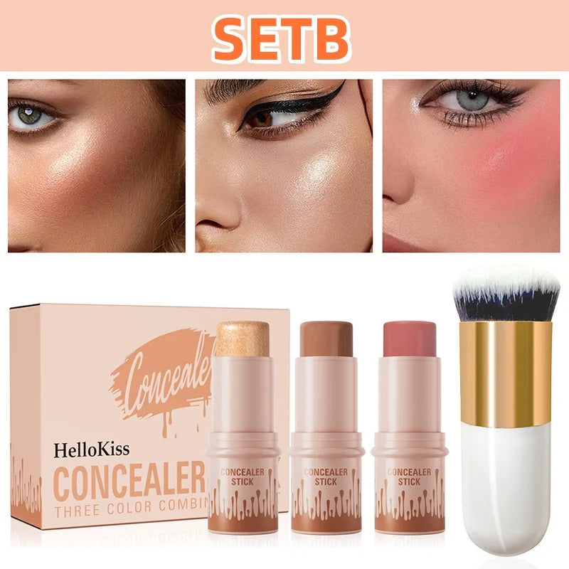 4pcs Set of Contour Stick, Highlight Stick, Blush Stick, Contour Brush, Shapes the Face Contour, Non-Greasy, Waterproof